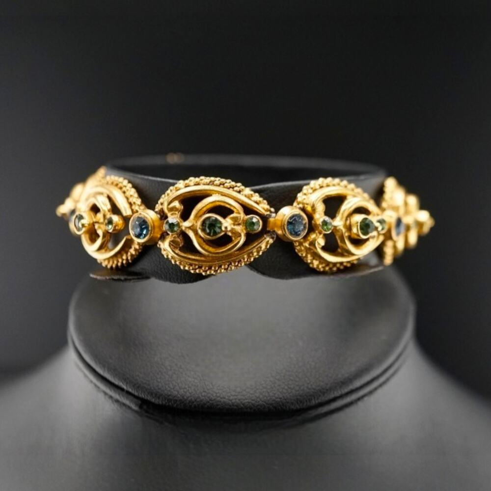 Vintage Florenza Victorian Revival Blue Green Rhinestone Gold Tone Bracelet